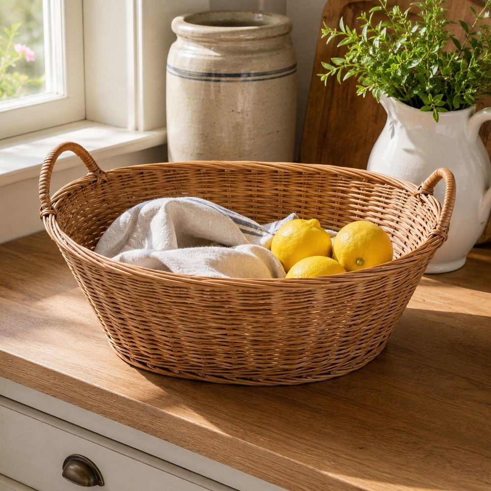 Vintage Oval Wicker Gathering Basket with Handles Fruit Bread Pantry Basket